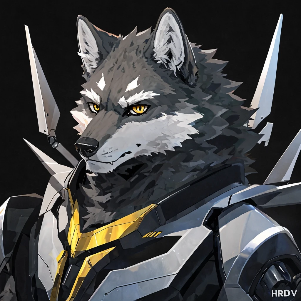 fang, dogboy,wolf, Gray Wolf,UHD,Well-armored mechanical wolf,Golden pupils,Black pupils,Platinum Mech,Pure black background,White eyebrows,individual