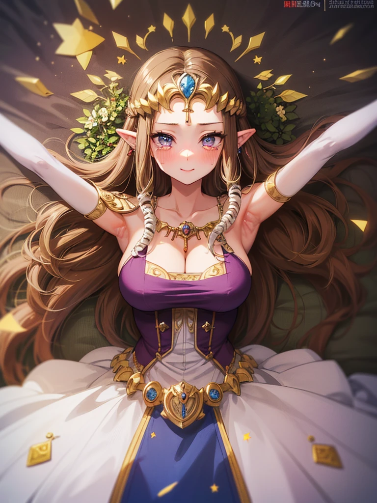 (Expressionless),((((Raise your arms、Show your armpits)))))),((upper body)),((alone)),((Lying in bed)),Anime art style,masterpiece,(Highest quality), (Super detailed),(Very delicate and beautiful),(alone),(Detailed face and eyes),Beautiful eyes like jewels,(A truly gorgeous jeweled ruffled rococo ball gown dress),(((Mature Woman,Queen))),((1 Queen in a beautiful embroidery and jeweled absolutely gorgeous rococo ballgown dress with voluminous full length hoop skirt)),((crinoline)),Very detailedな絶対にゴージャスなロココボールガウンdressとフリルのボリュームのあるフルレングスのフープスカート,((Lots of straight hair,Very long straight hair with great volume,Super long straight hair)),,Cleavage,(bed),length_gloves,Very gorgeous hair ornament,Sparkling、A very gorgeous jewel-encrusted tiara,((Gorgeous Glitter Jewelry)),Full body portrait,((bangs)),((Golden hair ornament)),((((Front Face)))),((((Adult Expressions)))),((((Beautiful Face)))),((((dress)))),((smile)),(((Long Hair)))),((((Straight hair)))),((Cleavage)),((((Dark brown hair)))),Princess Zelda,((chest is slightly exposed)), ((Highest quality)),,(Very detailed) ,((Purple blouse)),((Put your arms behind your back)),Brown Hair,((Embarrassed look)),Blushing, ((Highest quality)), (Very detailed),((detailed)),(((pray))),Nintendo, The Legend of Zelda),Crying face,Blushing,((alone)), ((Highest quality)), (Very detailed), ,