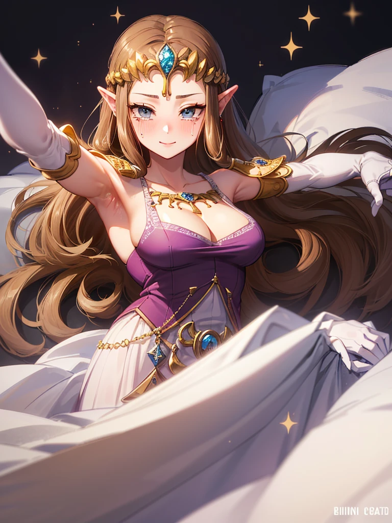 (Expressionless),((((Raise your arms、Show your armpits)))))),((upper body)),((alone)),((Lying in bed)),Anime art style,masterpiece,(Highest quality), (Super detailed),(Very delicate and beautiful),(alone),(Detailed face and eyes),Beautiful eyes like jewels,(A truly gorgeous jeweled ruffled rococo ball gown dress),(((Mature Woman,Queen))),((1 Queen in a beautiful embroidery and jeweled absolutely gorgeous rococo ballgown dress with voluminous full length hoop skirt)),((crinoline)),Very detailedな絶対にゴージャスなロココボールガウンdressとフリルのボリュームのあるフルレングスのフープスカート,((Lots of straight hair,Very long straight hair with great volume,Super long straight hair)),,Cleavage,(bed),length_gloves,Very gorgeous hair ornament,Sparkling、A very gorgeous jewel-encrusted tiara,((Gorgeous Glitter Jewelry)),Full body portrait,((bangs)),((Golden hair ornament)),((((Front Face)))),((((Adult Expressions)))),((((Beautiful Face)))),((((dress)))),((smile)),(((Long Hair)))),((((Straight hair)))),((Cleavage)),((((Dark brown hair)))),Princess Zelda,((chest is slightly exposed)), ((Highest quality)),,(Very detailed) ,((Purple blouse)),((Put your arms behind your back)),Brown Hair,((Embarrassed look)),Blushing, ((Highest quality)), (Very detailed),((detailed)),(((pray))),Nintendo, The Legend of Zelda),Crying face,Blushing,((alone)), ((Highest quality)), (Very detailed), ,
