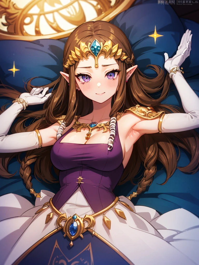 (Expressionless),((((Raise your arms、Show your armpits)))))),((upper body)),((alone)),((Lying in bed)),Anime art style,masterpiece,(Highest quality), (Super detailed),(Very delicate and beautiful),(alone),(Detailed face and eyes),Beautiful eyes like jewels,(A truly gorgeous jeweled ruffled rococo ball gown dress),(((Mature Woman,Queen))),((1 Queen in a beautiful embroidery and jeweled absolutely gorgeous rococo ballgown dress with voluminous full length hoop skirt)),((crinoline)),Very detailedな絶対にゴージャスなロココボールガウンdressとフリルのボリュームのあるフルレングスのフープスカート,((Lots of straight hair,Very long straight hair with great volume,Super long straight hair)),,Cleavage,(bed),length_gloves,Very gorgeous hair ornament,Sparkling、A very gorgeous jewel-encrusted tiara,((Gorgeous Glitter Jewelry)),Full body portrait,((bangs)),((Golden hair ornament)),((((Front Face)))),((((Adult Expressions)))),((((Beautiful Face)))),((((dress)))),((smile)),(((Long Hair)))),((((Straight hair)))),((Cleavage)),((((Dark brown hair)))),Princess Zelda,((chest is slightly exposed)), ((Highest quality)),,(Very detailed) ,((Purple blouse)),((Put your arms behind your back)),Brown Hair,((Embarrassed look)),Blushing, ((Highest quality)), (Very detailed),((detailed)),(((pray))),Nintendo, The Legend of Zelda),Crying face,Blushing,((alone)), ((Highest quality)), (Very detailed), ,