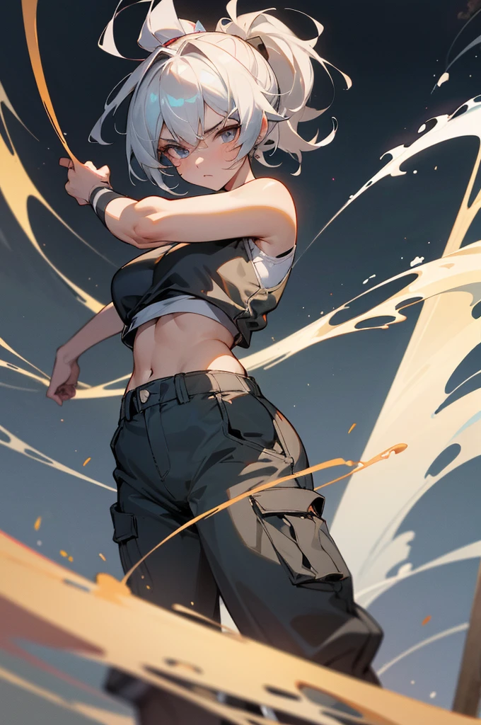 (absurds, great resolution, Hyper detailed), master masterpiece, best quality, beautiful, Fine Eye, Detailed Face, vibrant, Dark lines, swirl, vortex, spark, tomboy, tall, Caucasian, white hair with light blue highlights, huge high ponytail, attitude, baggy black cargo pants, fit, smoke coming off of body, honkai artstyle, hoyoverse, in the middle of a beautiful grey cityscape, slightly chubby, , sports bra, aloof, looks with anger and disgust, combat training