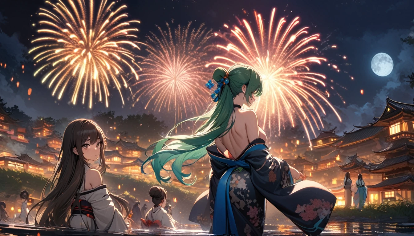 panoramic (in the night Countryside Tian Ying), (detailed background is Beautiful stream, full moon and many detailed fireworks), (back style, in a kimono), break, ((8girls)), look at fireworks, (1 girl is blue long hair), (1 girl is silver long hair), (1 girl is ponytail green hair), (1 girl is  brown bob short hair), (1 girl is brown long hair), (3 girls are black long hair), BREAK, perfect anatomy, masterpiece, best quality, 16k, beautiful detailed grow, daydreaming expression.