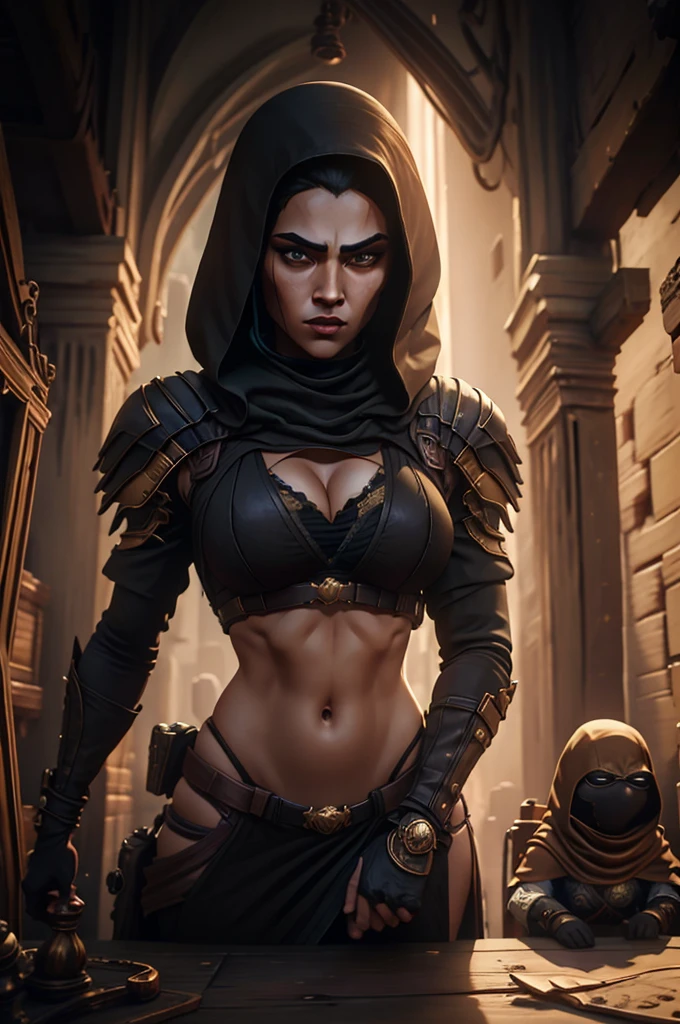 A woman in a black outfit with a sword and a hoodie (masterpiece), best quality, expressive eyes, perfect face, detailed eyes, dark fantasy,, Egyptian warrior, cleavage, black and gold outfit, massive snoopy breast, badass woman, sensual ,