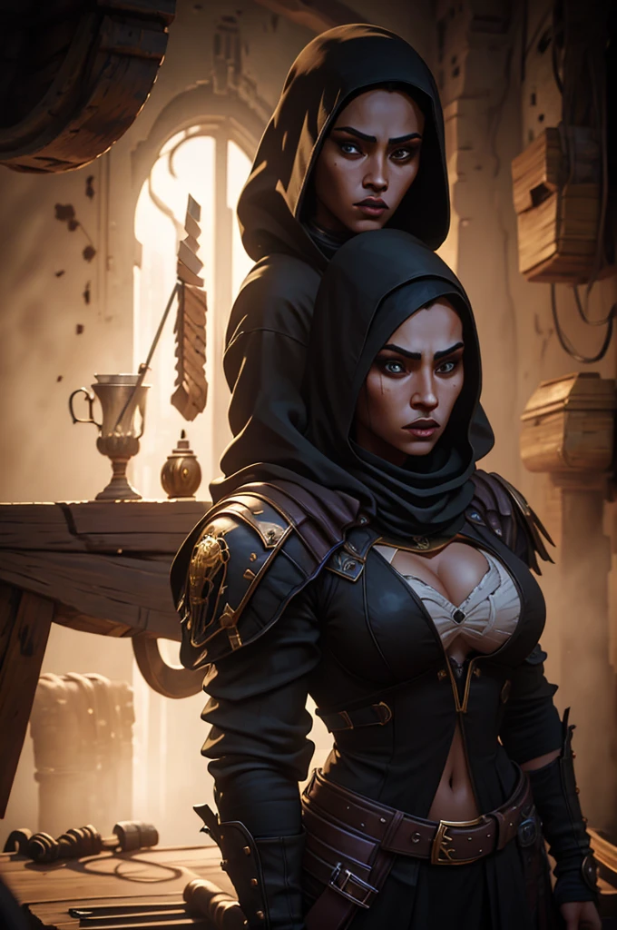 A woman in a black outfit with a sword and a hoodie (masterpiece), best quality, expressive eyes, perfect face, detailed eyes, dark fantasy,, Egyptian warrior, cleavage, black and gold outfit, massive snoopy breast, badass woman, sensual ,