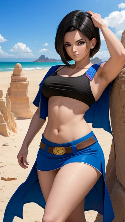 Androide 18 de dragon ball super, cabello corto rubio dorado, cabello lacio, ojos grandes azules, bonita, hermosa, look would be thoughtful, playera ajustada de manga larga color blanco con lineas negras, chaleco abierto de mezclilla azul, minifalda corta de mezclilla azul, coffee boots, pechos grandes, caderas amplias, cintura delgada, dragon gigante al fondo, desierto, arena, rocas, calor, sol