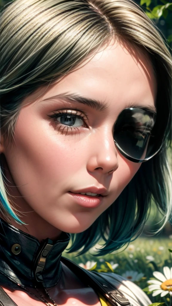 a girl with eyepatch, girls playing in a meadow, beautiful detailed eyes, beautiful detailed lips, extremely detailed eyes and face, long eyelashes, fantasy, colorful, vibrant colors, natural lighting, highly detailed, 8k, photorealistic, masterpiece, digital art, concept art, hyper realistic