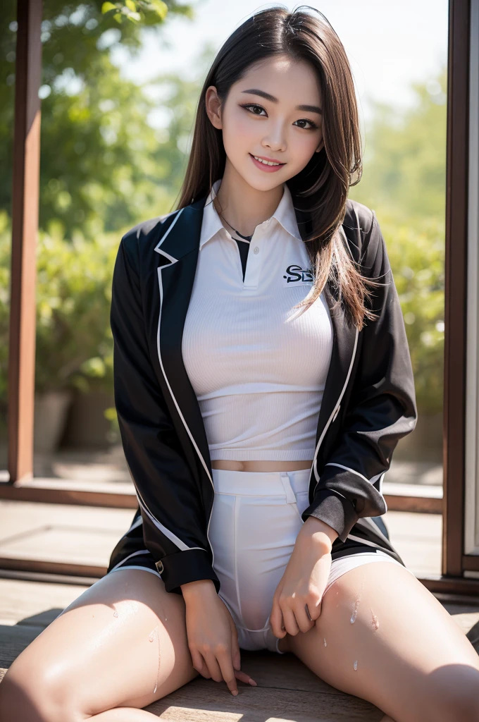 Pure Japanese rhythmic gymnastics girl, sweat and wet, supple muscles, outstanding body, beautiful legs, open-heart mood, hot temptation, spread wide legs, wearing uniforms, vivid makeup and hairstyles, thick eyebrows, sweet smile, professional portrait photography, dazzling summer days,