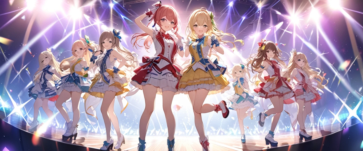 (Highest quality、Very detailed、Very detailed and beautiful、Ultra-high resolution) 、A five-member idol group、5 girls、Live Stage、Glittering lighting、Sing and dance、Idol Costumes、cute