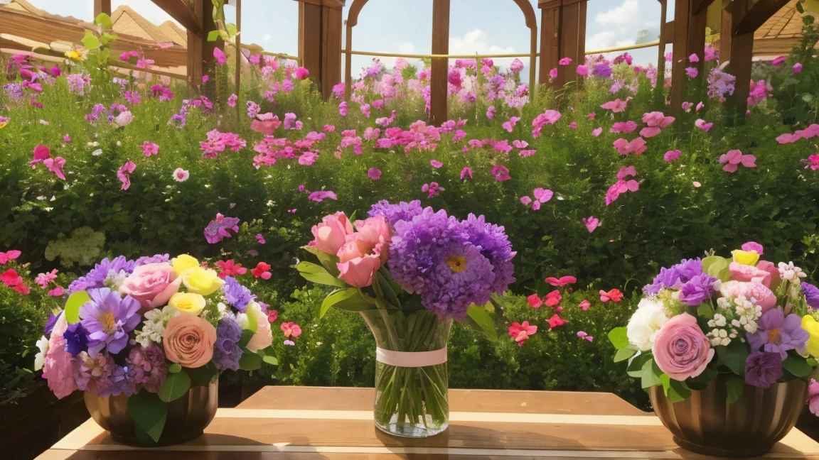 There is a vase on the table，There are flowers inside, purple and red flowers, magical Colorful flowers, Magical flowers, Decorative flower, More and more flowers, Colorful flowers, Flower environment, Mottled flowers, Flowers colorful, Exploding flowers, Beautiful flowers朵, Blooming flowers, Beautiful flowers朵 growing, Flower growth, Colorful flowers, bouquet, Flower Explosion, Beautiful flowers