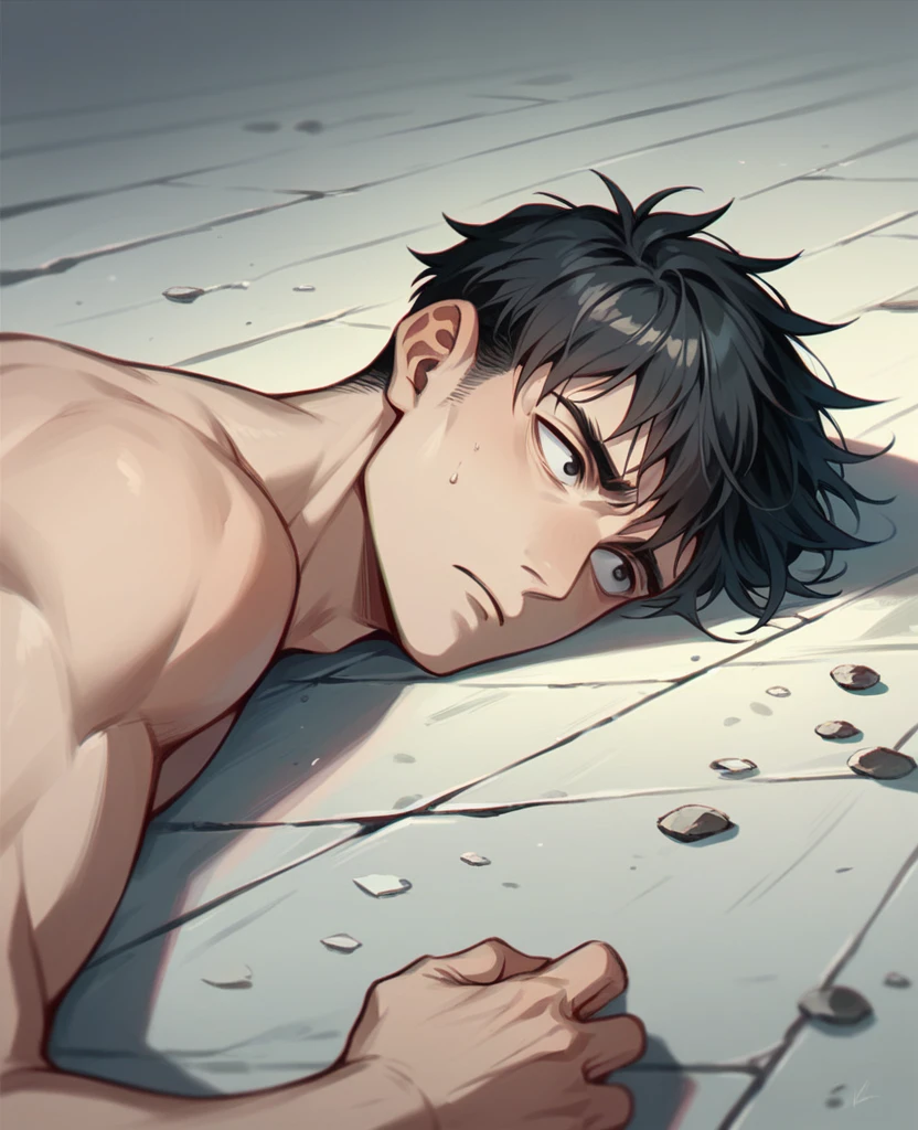 a man, short black hair, one black eye, looking forward, a single tear falling down his face, lying on the floor, with little wound, a dark warehouse in the background