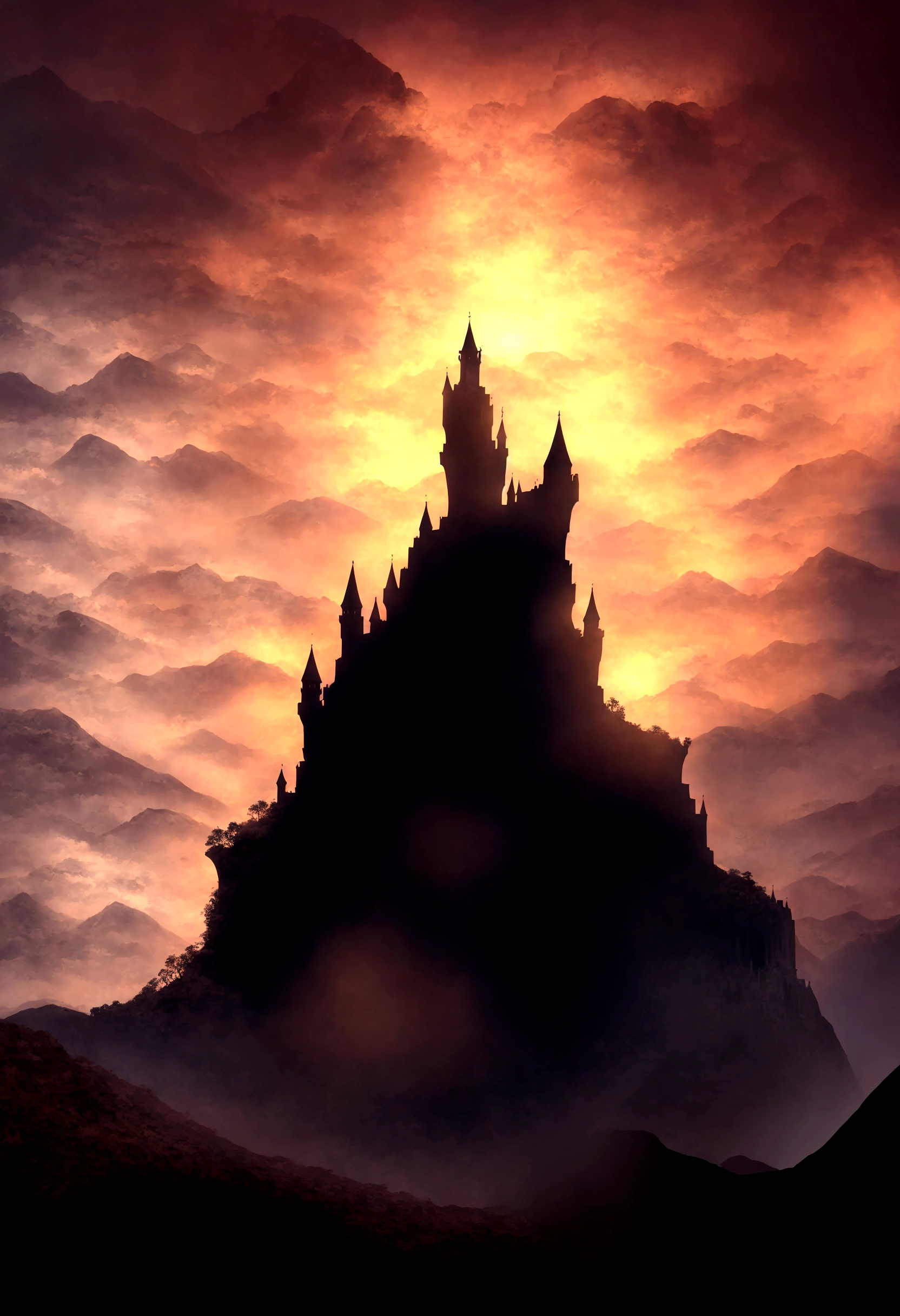 there is a mountain with a sky background, misty square, high fantasy square, square made of clouds, atmospheric fantasy scenery, square in the clouds, fantasy atmospheric lighting, uma cidade antiga em chamas, paisagem de fantasia medieval, fantasy square, epic fantasy landscape, epic square with tall towers, square dark background, impressionante paisagem de fantasia