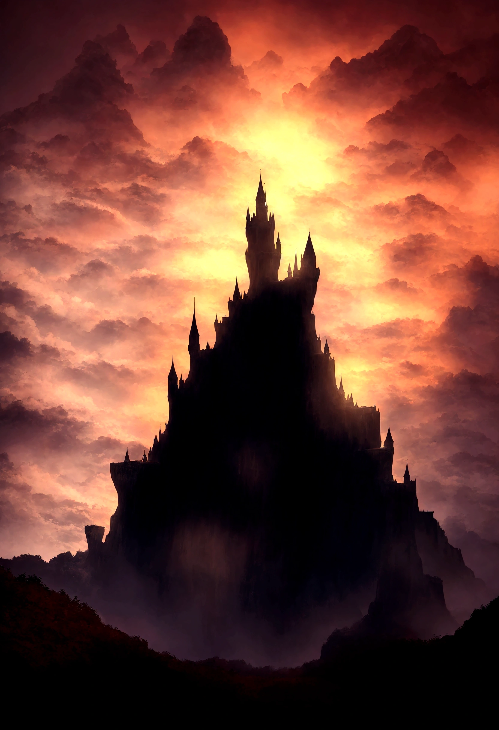 there is a mountain with a sky background, misty square, high fantasy square, square made of clouds, atmospheric fantasy scenery, square in the clouds, fantasy atmospheric lighting, uma cidade antiga em chamas, paisagem de fantasia medieval, fantasy square, epic fantasy landscape, epic square with tall towers, square dark background, impressionante paisagem de fantasia