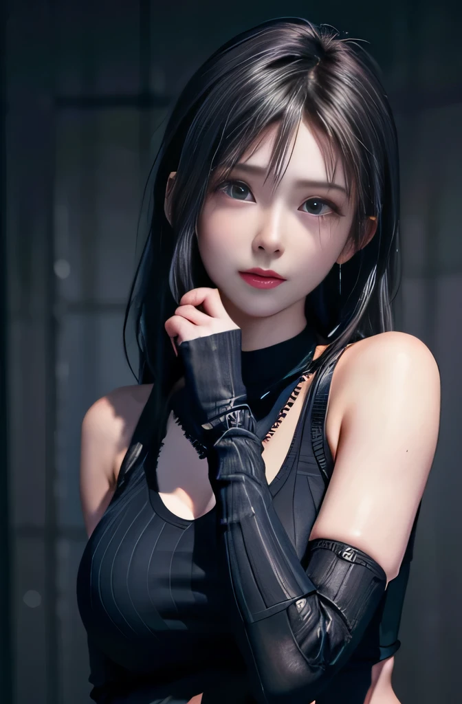 lolita prostitute， smile， 20-year-old， （（highest quality））， （（masterpiece））， （khd：1.3）， 3D， big breasts beautiful （Cyberpunk characters：1.3）， Stylish woman looking at camera ，he has a black rope in his hand，black leather clothes， sleeveless， embarrassing，wavy chain， blue black leather pants， silver zipper， belt below the waist， super detailed illustrations， brunette colored hair， Please show me the amount， silver center zipper， leather blue black tights， sleeve blue black， shiny， black ponytail，kneel down and hit