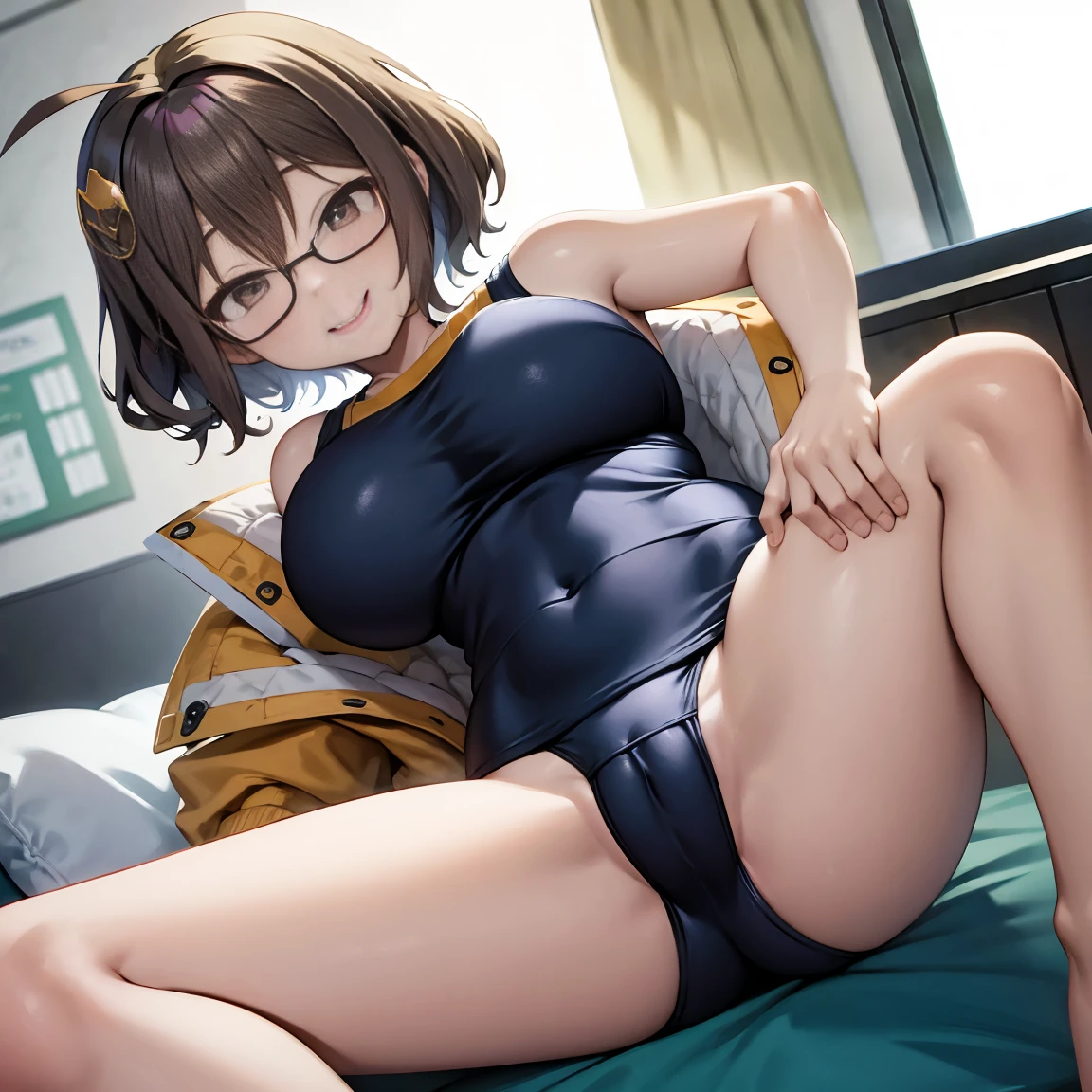 8k、masterpiece、Japanese、Woman wearing glasses、anise、from the front、smile、Childish、Big Breasts、Transparent school swimsuit、night、Bedroom、Spread your legs and show