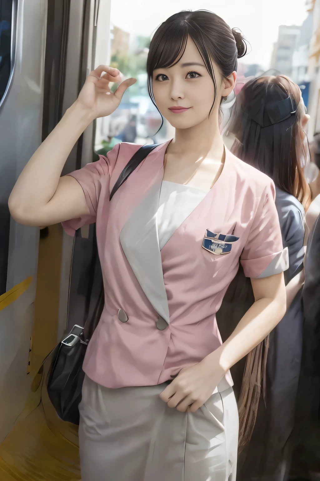 (masterpiece:1.2, Highest quality:1.2), 32K HDR, High resolution, (alone、1 girl)、（On the rooftop of a building in the daytime、Professional Lighting）、Building rooftop background、（Nankai train crew uniform pinkを着たリアルスタイル）、（Nankai train crew uniform pink short sleeve collarless pink jacket、Nankai Train Crew Uniform Pink Collarless Short Sleeve Blouse、Nankai Train Crew Uniform Pink Grey Knee-length Culottes）、（（The bottom of the pink short-sleeved jacket cannot be tucked into the clay-colored culottes.））、Dark brown hair、（Hair tied up、Hair Bun、Hair Bun）、Dark brown hair、Long Shot、Big Breasts、Thin legs、（（Great hands：2.0）），（（Harmonious body proportions：1.5）），（（Normal limbs：2.0）），（（Normal finger：2.0）），（（Delicate eyes：2.0）），（（Normal eyes：2.0））)、（Nankai Train Crew Uniform Pink Grey Knee-length Culottesを見せた美しい立ち姿）、smile