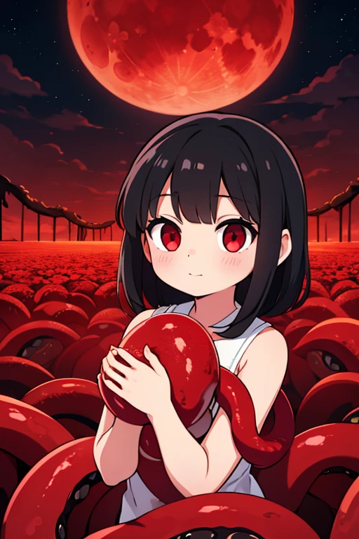 Girl, blood moon, black hair, red eyes, black and red tentacles, white flowerfield