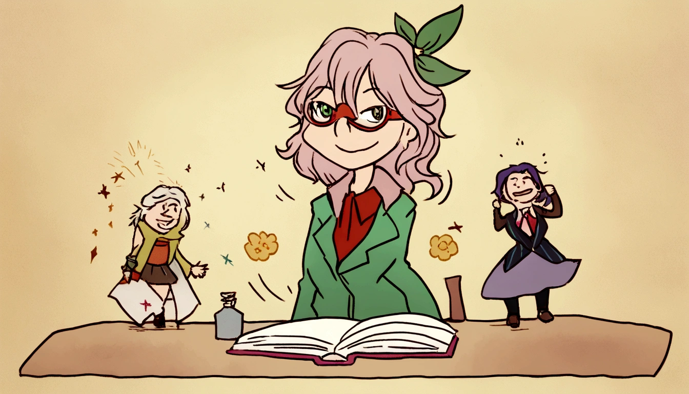mulher bonita sorrindo, segurando livros, de oculos, desenho animado ,estilo professora, feliz