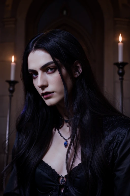 young handsome hetero Man Jinx Edward vampire with big indigo-eyes and gems and long black hair, with nice and delicate face, in a dark gothic magic castle with annie and claudia