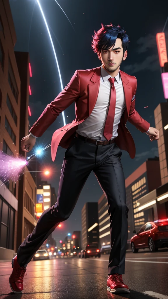 lupin, red jacket, pink tie, 1boy , pt2, full body, flashing police lights, spotlight, cocky smile, bullet trails, gunshots, city, night, running, bullet tracers,