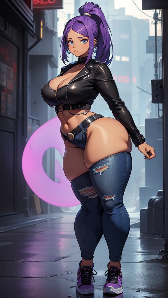 (blank background), (((full body framing))), standing, (masterpiece), (best quality), huge girl, (muscular girl:0.8), (thin hair:1.7), (long blue jeans), massive breast, Mohawk hairstyle:1.4, sport bra, purple hair, dark skin, belt under navel, blunt bangs, sneakers, (long legs:1.6), big cleavage, cute:1.8, adorable:1.8, , leather jacket,, cyberpunk girl, ear piercings, earrings, tatoo, (very curvy:1.6), (from behind), 1girl, solo