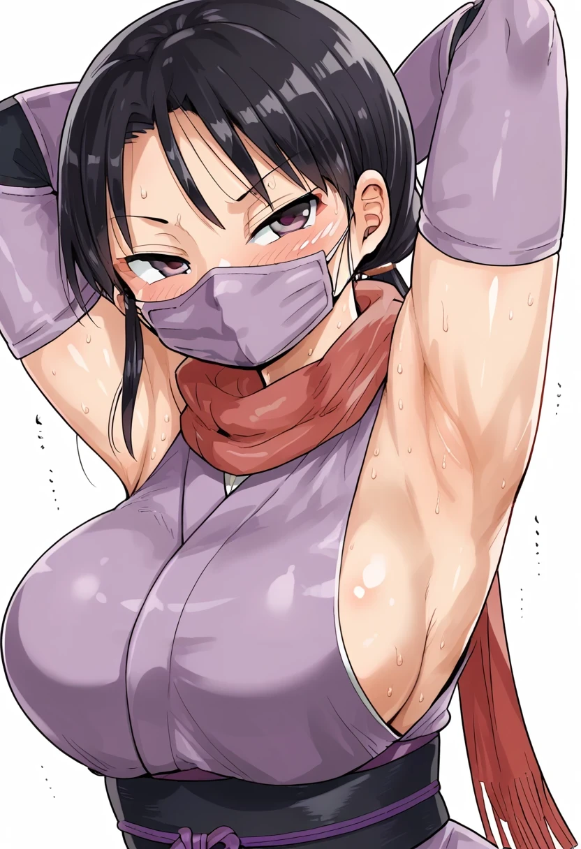 score_9, score_8_up, score_7_up, source_anime, rating:general, masterpiece, best quality, KiliuP, 1girl, armpits, breasts, mask, solo, ninja mask, purple eyes, gloves, mouth mask, purple gloves, sweat, scarf, elbow gloves, japanese clothes, ninja, blush, looking at viewer, long hair, short kimono, kimono, arms up, red scarf, large breasts, black hair, sideboob, low ponytail, sash, white background, presenting armpit, shiny skin, sleeveless, upper body, very long hair, covered mouth, half-closed eyes, simple background, ponytail, obi, sleeveless kimono