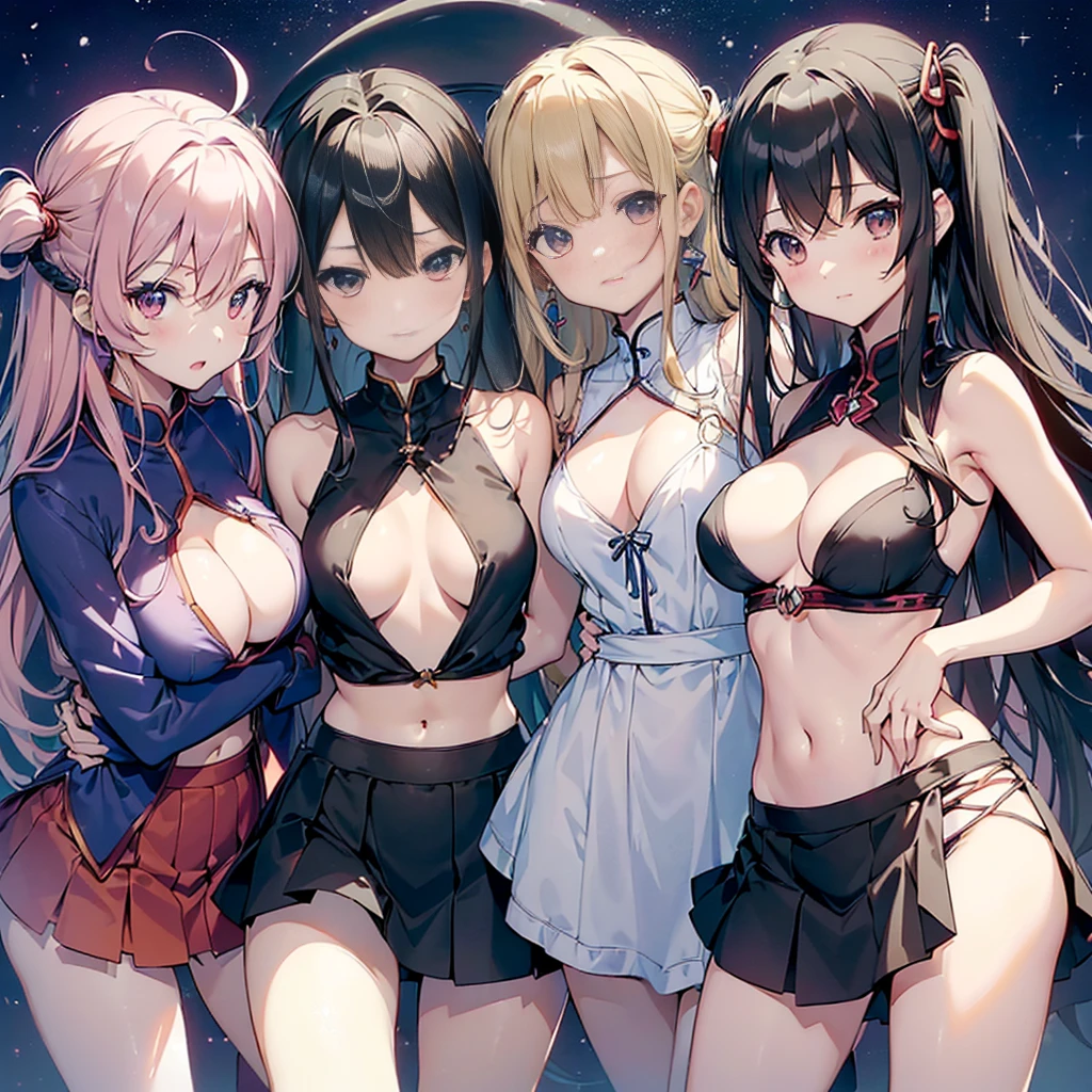 ((((Haremの4人のキャラクターが笑顔で描かれました))))、A group of female adventurers set in a medieval fantasy world,Dragon Quest、 (At the pub), Various Hair Styles, (Harem:1.5), night, detailed aspects, (All of them are wearing revealing clothes.), (Clothes with very little fabric), High V-neck, No bra, No underwear, (Exposed breasts:1.3), (Exposed Skin:1.2), (Micro Mini Skirt), Seduce, Sleeveless、Showing her panties、Large Breasts、A little bigger ass、Waist、Pulling up her short skirt