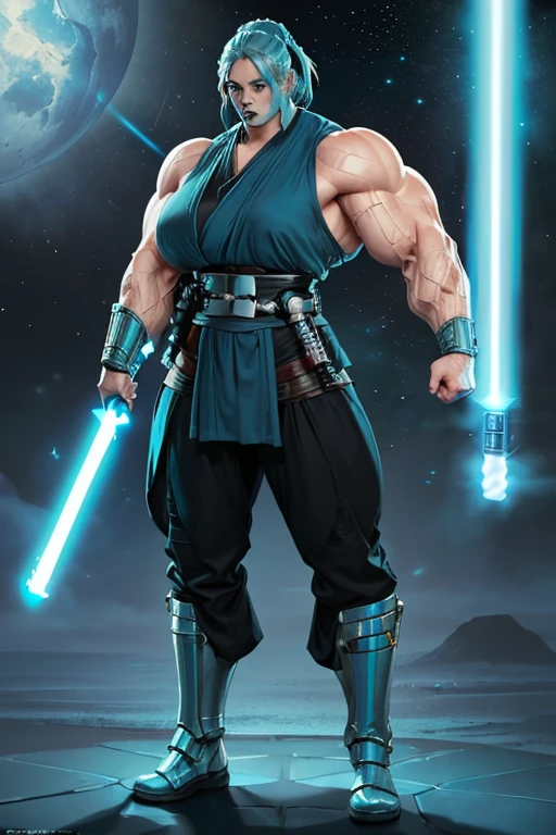 ((((Massive, tall, beautiful, buff, muscular pale white skinned female Jedi with cyan hair, black lipstick, ginormous bulky muscles, holding a lightsaber and wearing an all cyan Jedi outfit and Jedi pants)))), (close view), black eyeliner, massive muscles, massive biceps, hyper muscle triceps, (long beachy hair), purple eyes, Jedi boots, In space, Jedi outfit, Jedi pants, nighttime, confident smile, hyper muscles arms, hyper muscle legs, (massive arms)