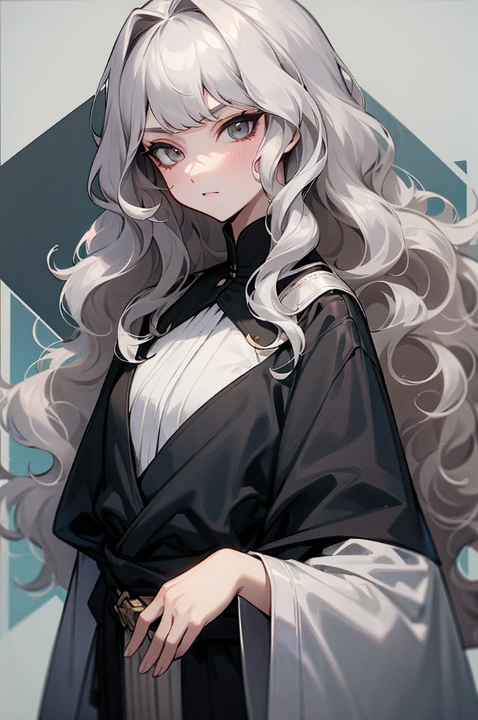 Drag sister，grey hair，ENTJ，Shoulder-length-hair，((Wavy Hair))，(haven't bangs)，Serious
