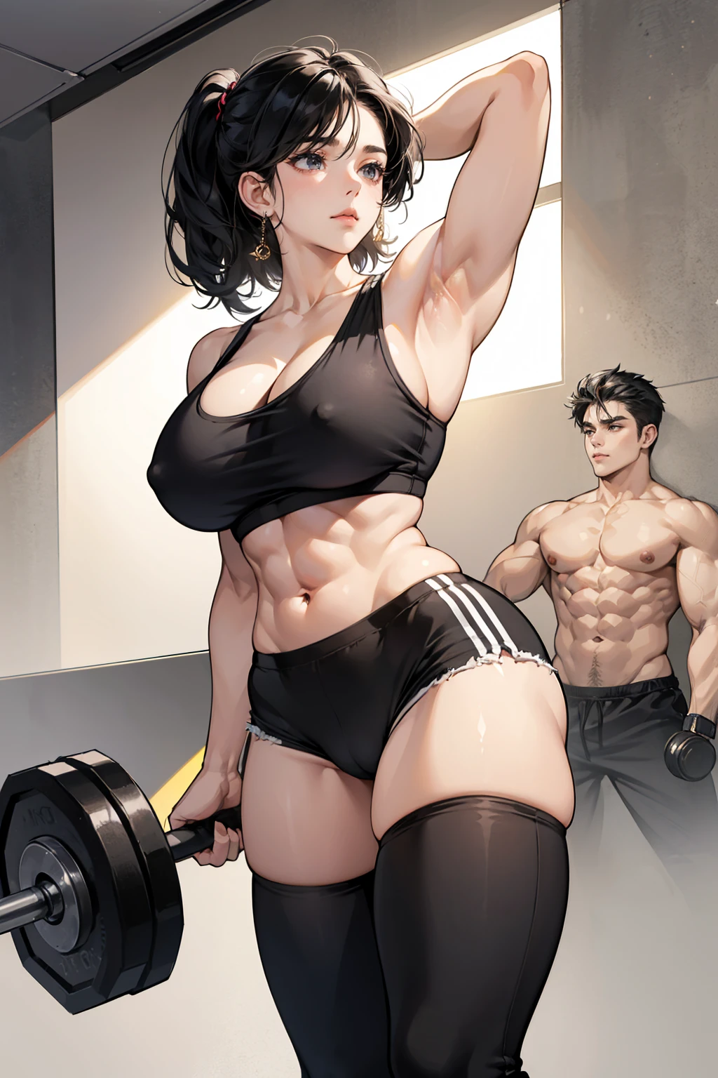 1girls abs armpit hair bare shoulders belly big ass black eyes black hair breasts dumbbell exercise female only hairy happy trail huge ass huge breasts large ass midriff muscular muscular female pants pubic hair shirt short hair slightly chubby tank top thick thighs treasure trail venus body weightlifting wide hips