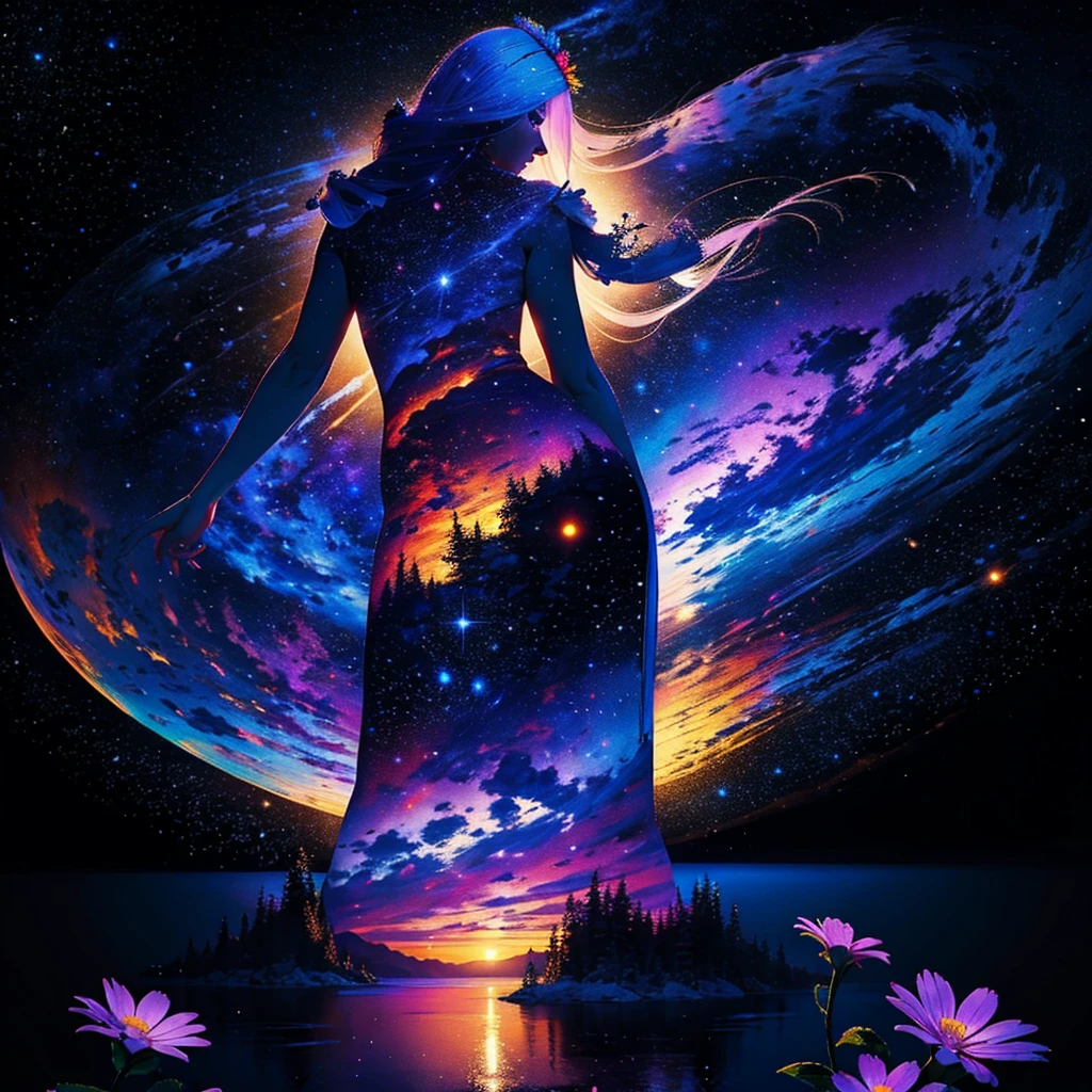 high quality, 最high quality, masterpiece, Detailed portrait of a woman 1, Long Hair, (floating, space, Milky Way, colorful), Warm lighting, goddess, Milky Way, scenery, Colorful flower crown in hair, {{{最high quality}}}, {{Super detailed}}, {figure}, Movie angle, {Detailed light},Cinema Lighting, Celestial, Dynamic pose