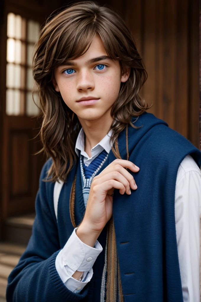 Picture of a Ravenclaw boy around 7th year who has fluffy light brown hair, lightly tanned skin, blue eyes, and freckles