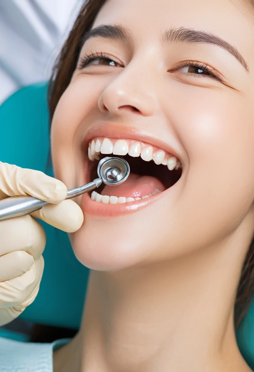 arafed woman getting her teeth checked by a dentist, Highly detailed back mouse, Drooling and baring teeth, Smaller mouth, Delicate jaws, Small chin, Underbite, Hinged jaw, dentist, The taste is simple and pleasant, Biomechanical open chewing mouth, Small and big smile, An unpleasant crooked smile, A kind smile, Open your mouth wide, Mouth details, Straight Joe