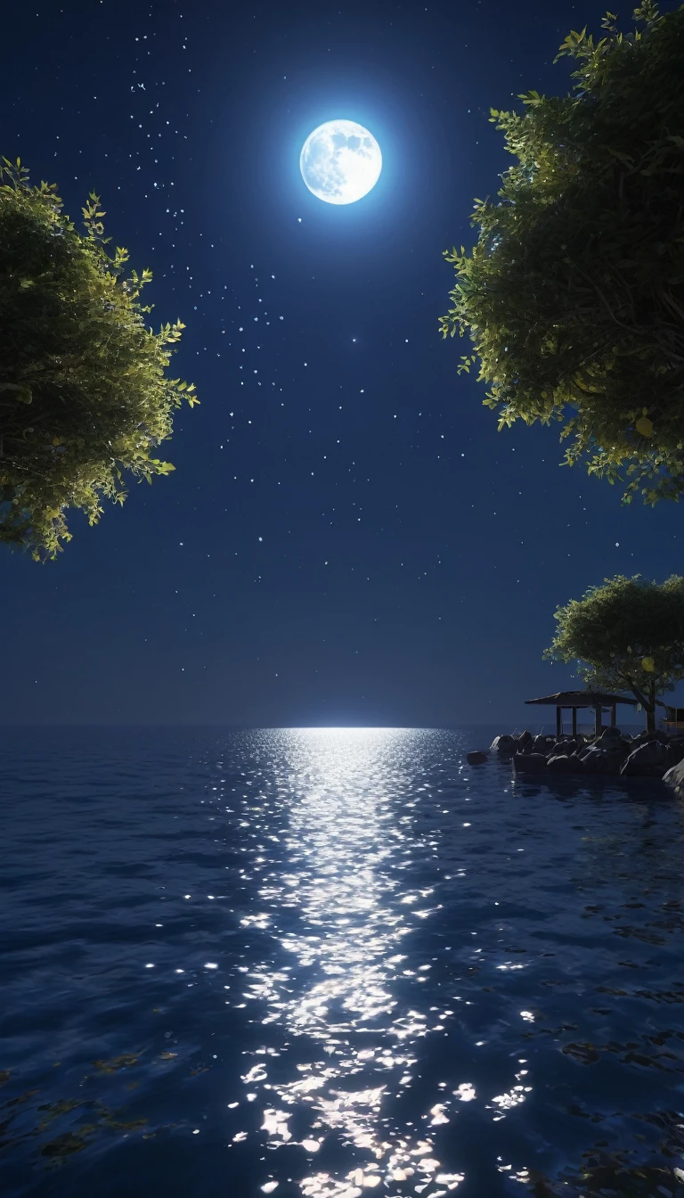 night,Deep blue waters wash the coast,The moonlight leaves dots of starlight on the sea,reflection,真实光线reflection,True ray tracing,OC Renderer,Octane renderer