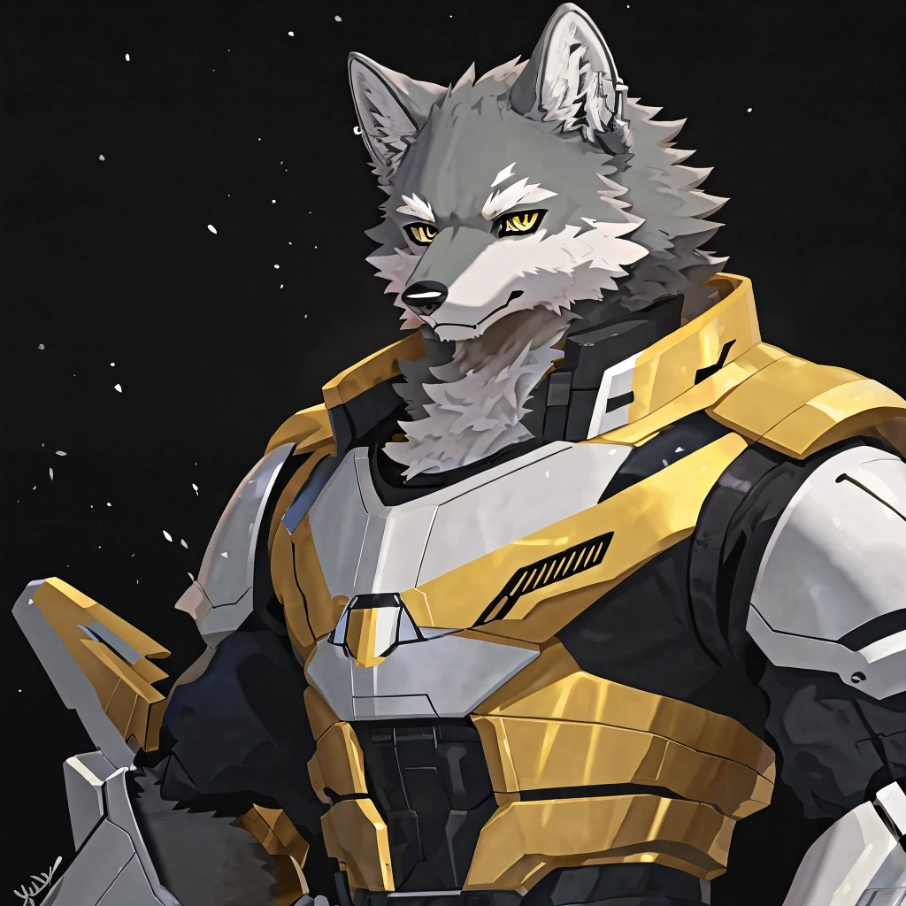 fang, dogboy,wolf, Gray Wolf,UHD,Well-armored mechanical wolf,Golden pupils,Black pupils,Platinum Mech,Pure black background,White eyebrows,individual,Anime mecha aesthetics