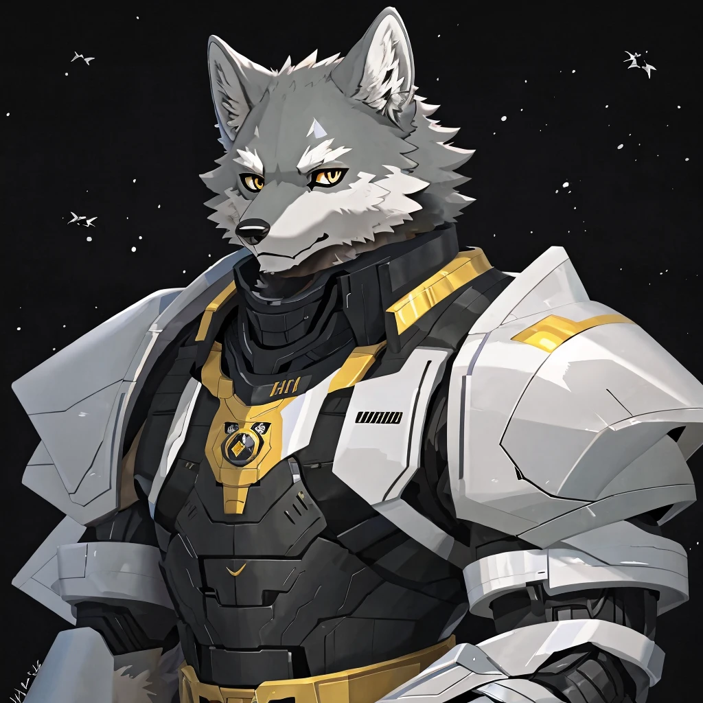 fang, dogboy,wolf, Gray Wolf，UHD，Well-armored mechanical wolf，Golden pupils，Black pupils，Platinum Mech，Pure black background，White eyebrows，individual，Anime mecha aesthetics