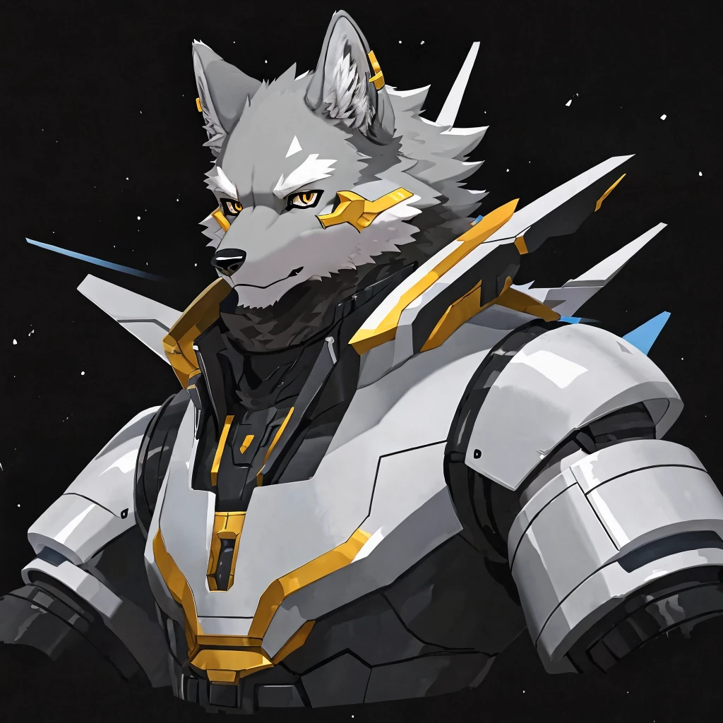 fang, dogboy,wolf, Gray Wolf,UHD,Well-armored mechanical wolf,Golden pupils,Black pupils,Platinum Mech,Pure black background,White eyebrows,individual,Anime mecha aesthetics