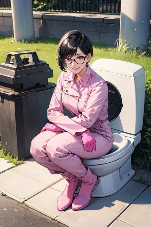 Wearing large pink rubber gloves and white rubber boots、A mature woman with short hair, glasses and black hair wearing a blue long-sleeved jumpsuit smiles kindly and squats down to clean a dirty public toilet in a park