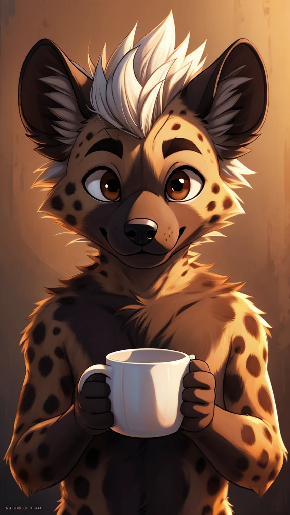 masterpiece, high quality, Solitary, young Furry, hairy, young, hyena, Only the head has spiky white hair, Brown eyes, masterpiece,Delicate face, delicate eyes, high resolution, Mug shot,Cartoon