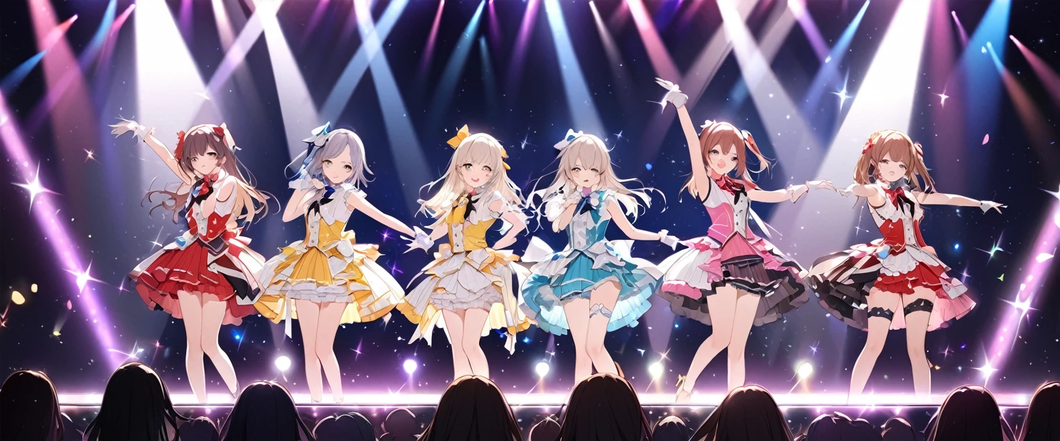 (Highest quality、Very detailed、Very detailed and beautiful、Ultra-high resolution) 、A five-member idol group、5 girls、Live Stage、Glittering lighting、Sing and dance、Idol Costumes、cute、Close-up