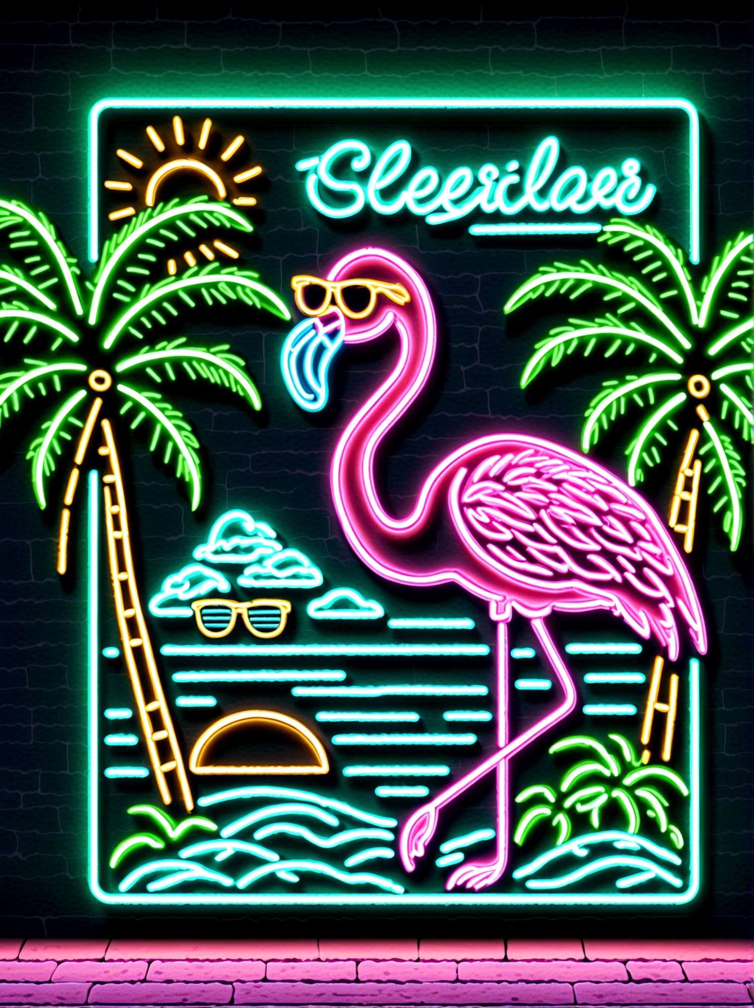 Neon，Shop sign，Tropical scene，coconut tree，Sea，Cool flamingo wearing sunglasses，发光的NeonShop sign，Ultra high saturation，Bright colors