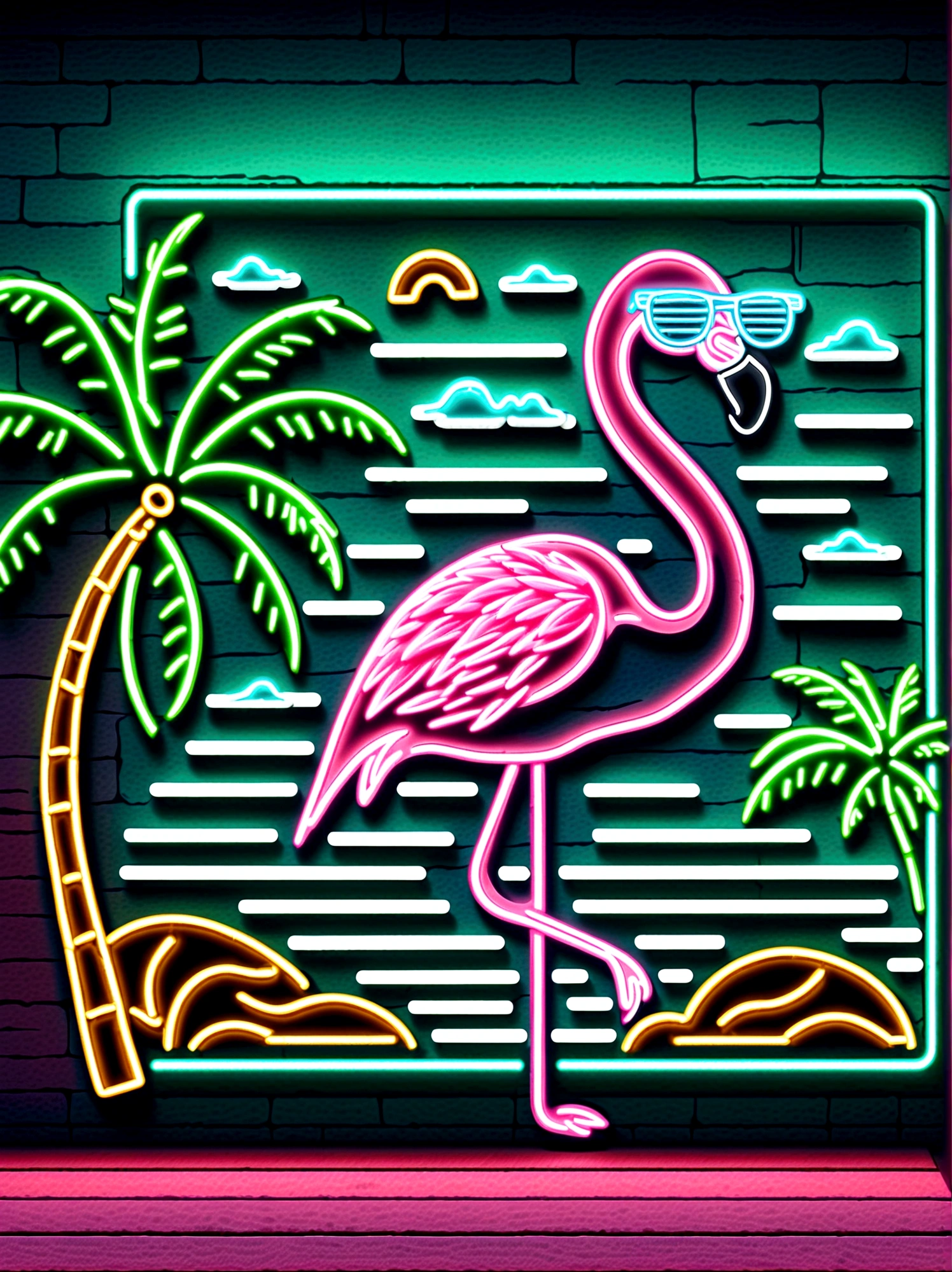 Neon，Shop sign，Tropical scene，coconut tree，Sea，Cool flamingo wearing sunglasses，发光的NeonShop sign，Ultra high saturation，Bright colors