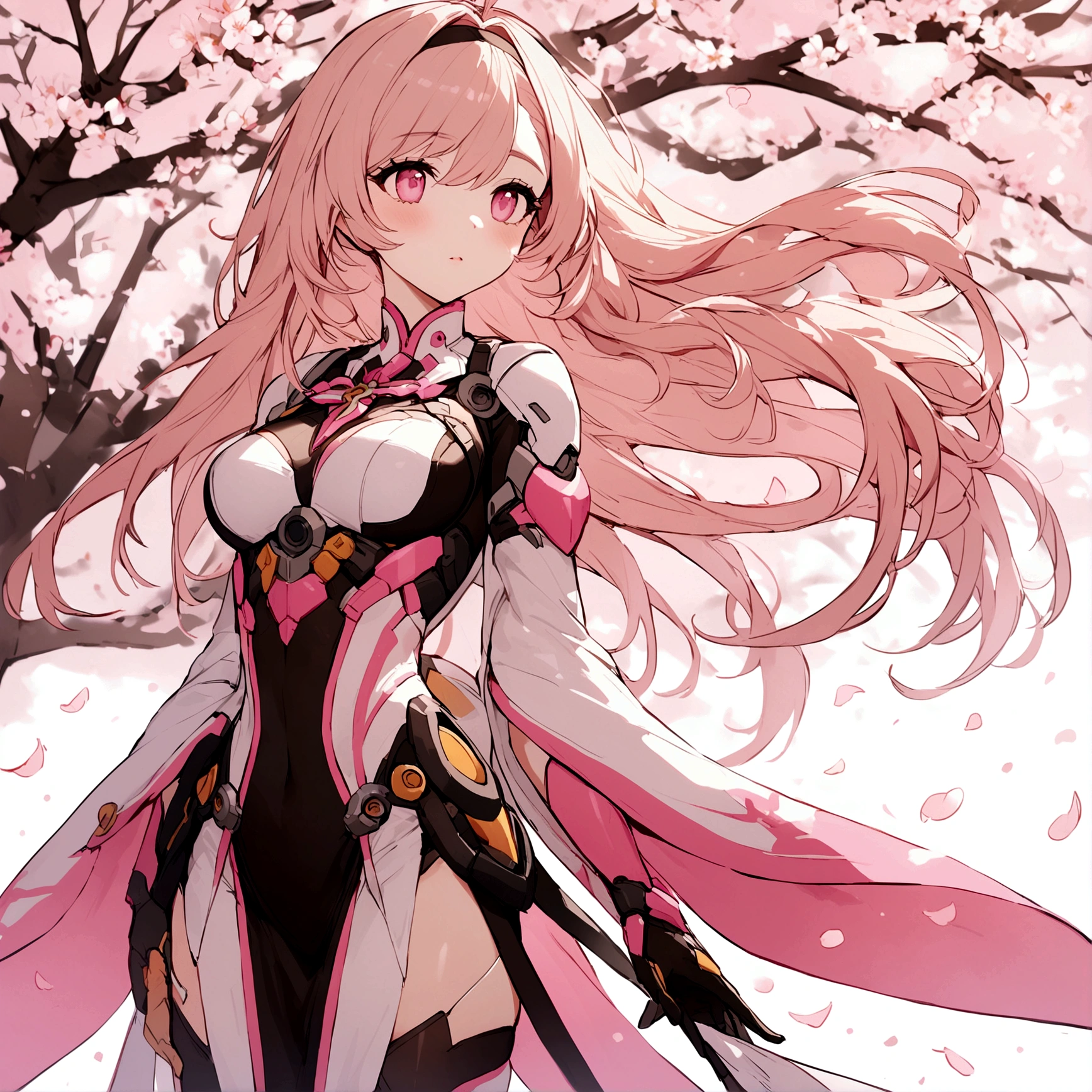 Pink mercy with long hair from overwatch surrounded by cherry blossoms in flight