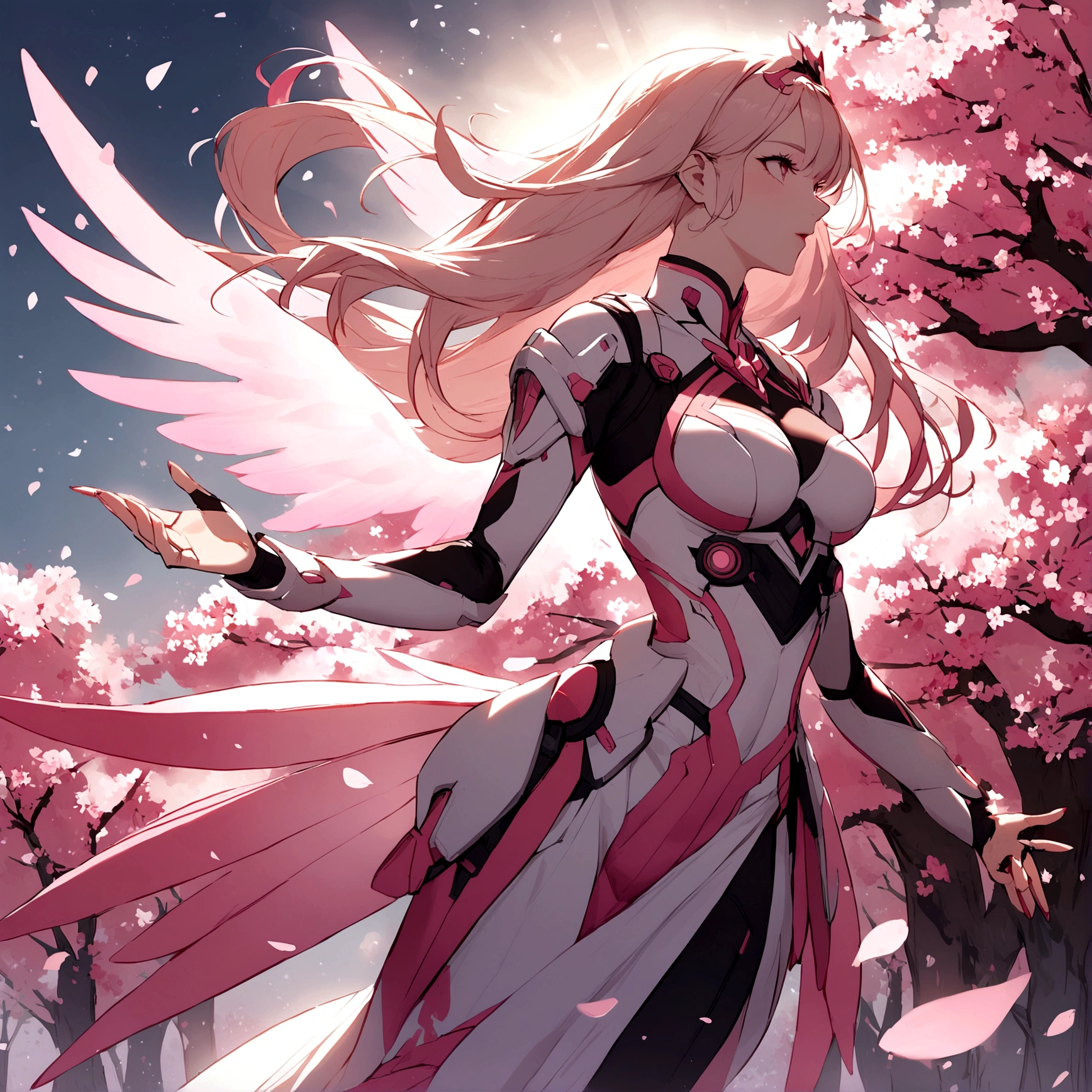 Pink mercy with long hair from overwatch surrounded by cherry blossoms in flight
