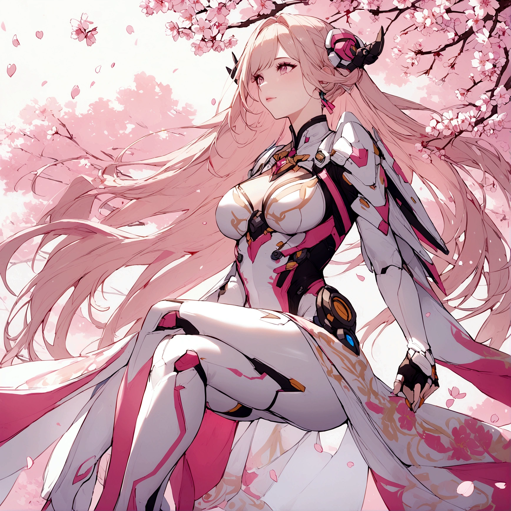 Pink mercy with long hair from overwatch surrounded by cherry blossoms in flight