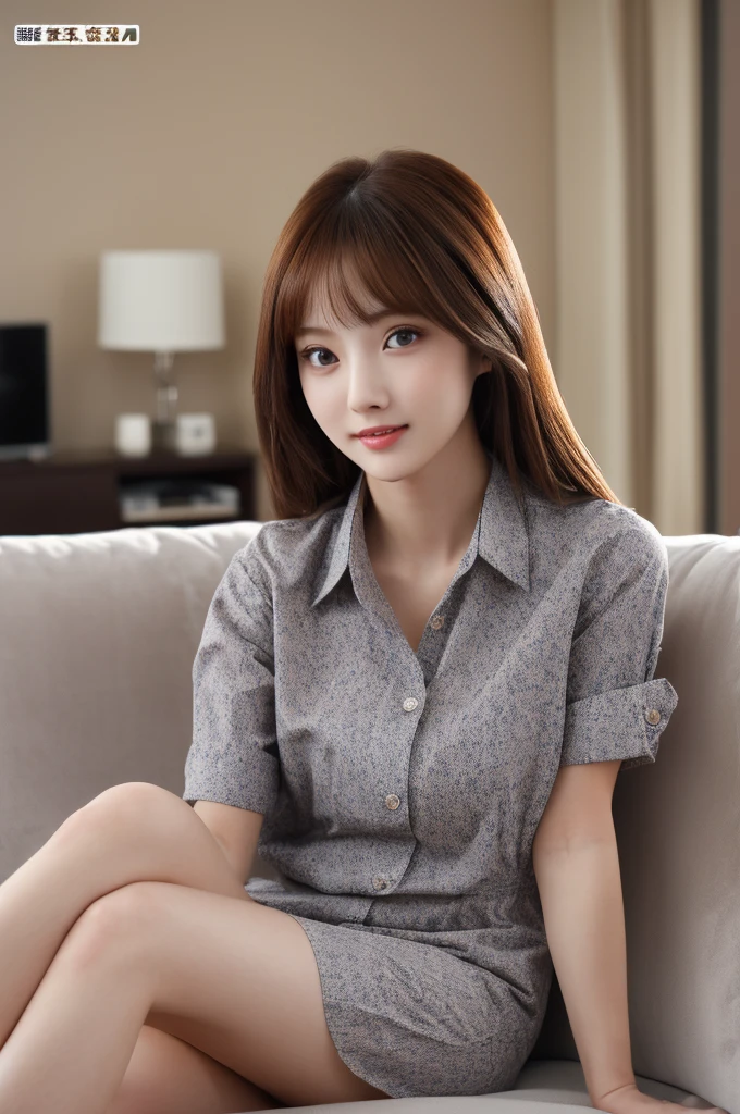 the most beautiful face of a 20 year old actress, ideal shape of female body, dress shirt is worn, sitting on the couch, in the living room, nsfw, best quality, highly detailed, masterpiece, ultra high res, photo realistic, 8k, the prettiest japanese woman
