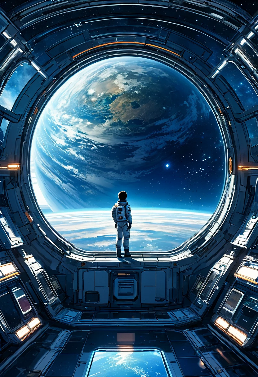 A man standing inside a space station looking out a window, Outside, there is a starry sky and a planet that looks just like Earth.., Background Space Station, Background details