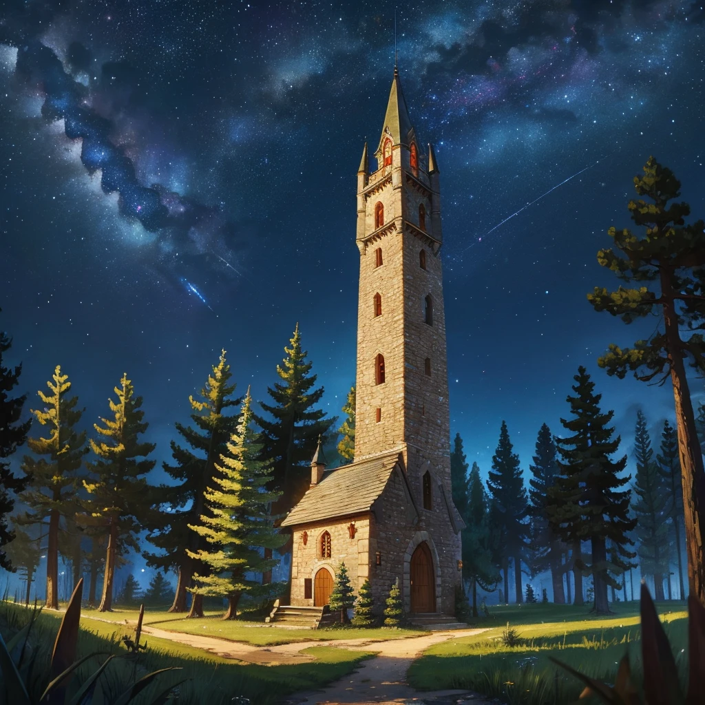 small medieval tower in the forest at the starry night