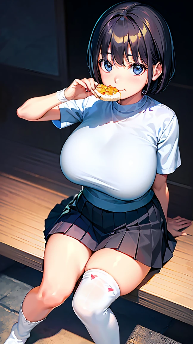 extremely detailed CG, super detailed skin, perfect anatomy, dynamic lighting, beautiful detailed eyes, (Photorealistic:1.4), Japanese Girls, (1 Girl), (young girl :1.6),  Black Hair, Short Hair, blue eyes,  Beautiful Eyes, Wide double eyelids, smile, (Huge breasts:1.3), (Curvy:1.4), (short sleeve, pleated skirt:1.5), (white knee high socks:1.5)、(sunny:1.2), Are standing、arms behind back、 (family restraint, sitting, eating:1.5)、(children:1.8)
