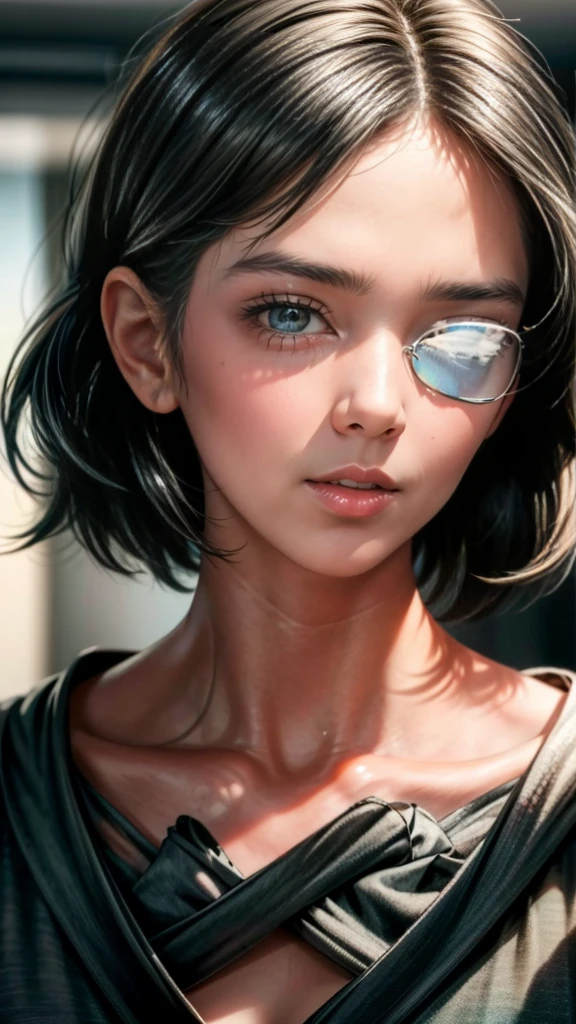 a young sick girl with an eye patch, in a hospital waiting room, beautiful detailed eyes, beautiful detailed lips, extremely detailed eyes and face, long eyelashes, hospital interior, photorealistic, 8k, highly detailed, masterpiece, natural lighting, cinematic, warm color tones, emotional, melancholic