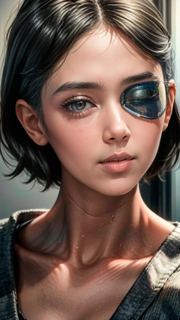 a young sick girl with an eye patch, in a hospital waiting room, beautiful detailed eyes, beautiful detailed lips, extremely detailed eyes and face, long eyelashes, hospital interior, photorealistic, 8k, highly detailed, masterpiece, natural lighting, cinematic, warm color tones, emotional, melancholic